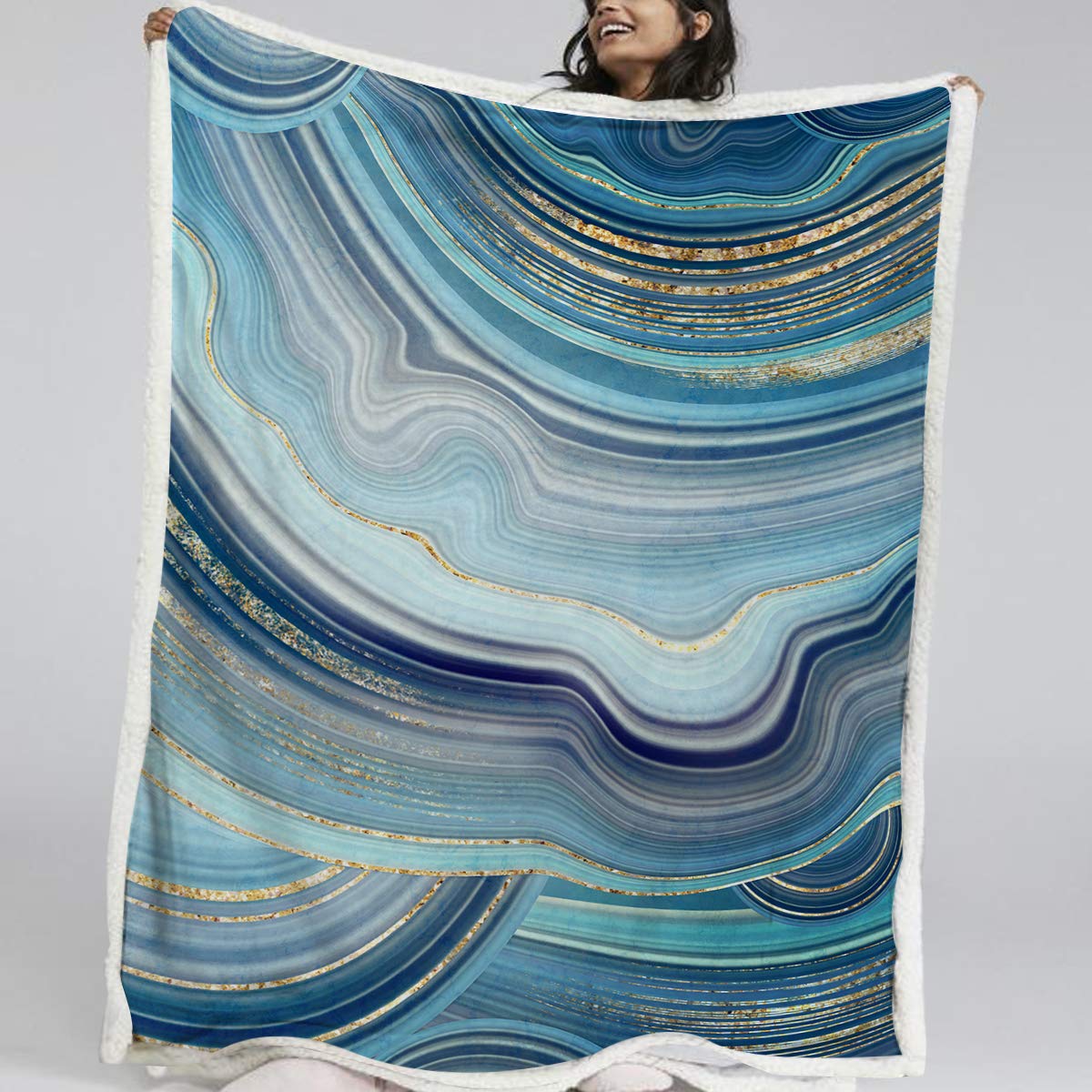 BlessLiving Marble Print Fleece Throw Blanket - Blue & Gold Veins Quicksand Pattern, Soft Sherpa Blanket for Couch, Bed, Sofa (60x80 Inches, Twin Size) - Perfect for Living Room, Bedroom & Winter Snuggling