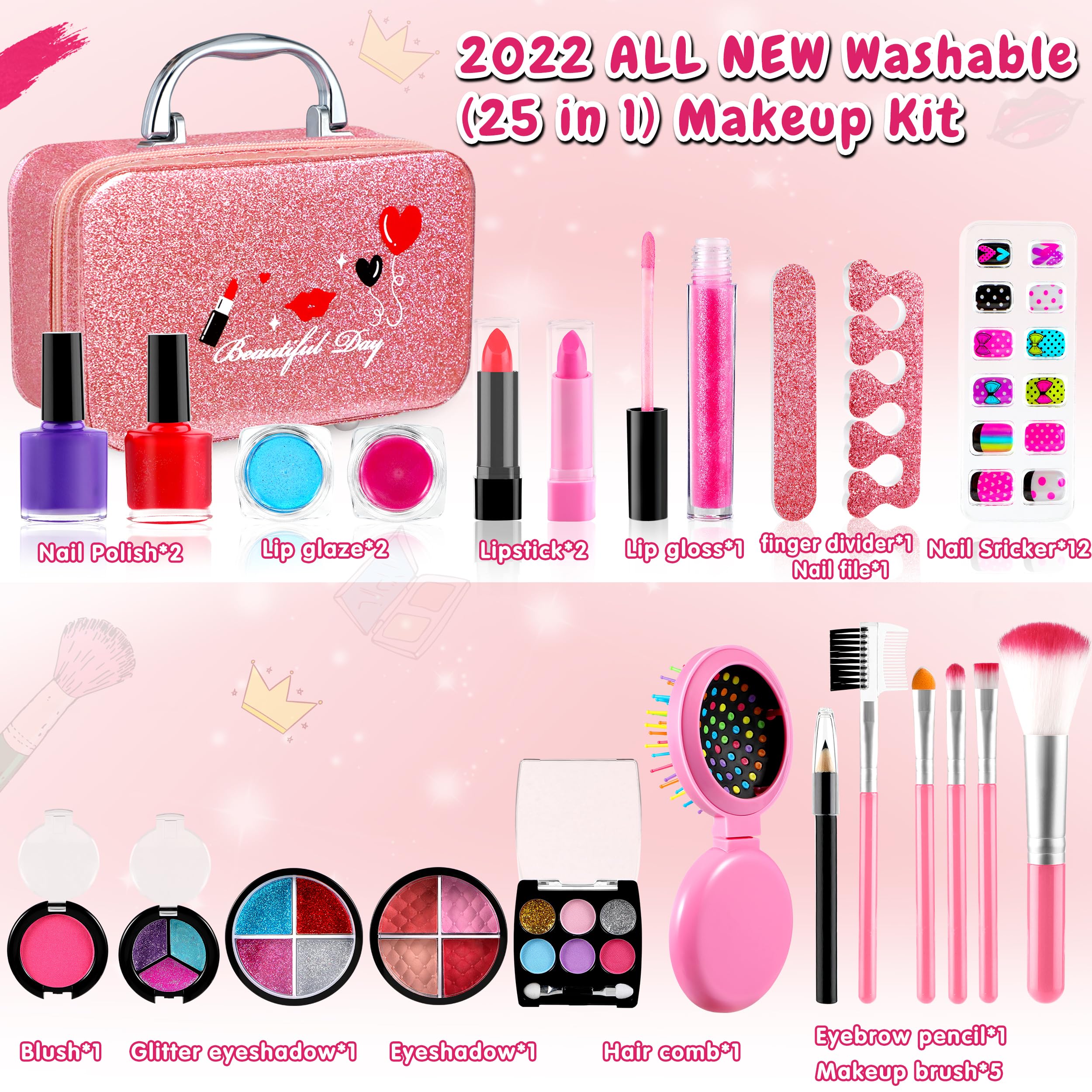 GIFTINBOX 25PCS Kids Makeup Kit for Girls - Non-Toxic Washable Pretend Play Cosmetic Set with Travel Case | Perfect Birthday Gift for Girls 5-10 Years Old | Great for Dress-Up, Role Play & Birthday Parties