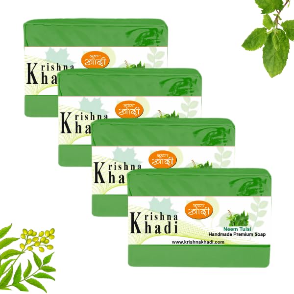 Krishna Khadi Premium Neem Tulsi Soap Bar (Pack of 4) - 125gm Pure Natural Moisturizing Bath Soap for Sensitive Skin | Ayurvedic Herbal Cleansing | Ideal for Daily Use, Acne Treatment & Relaxing Bath Time