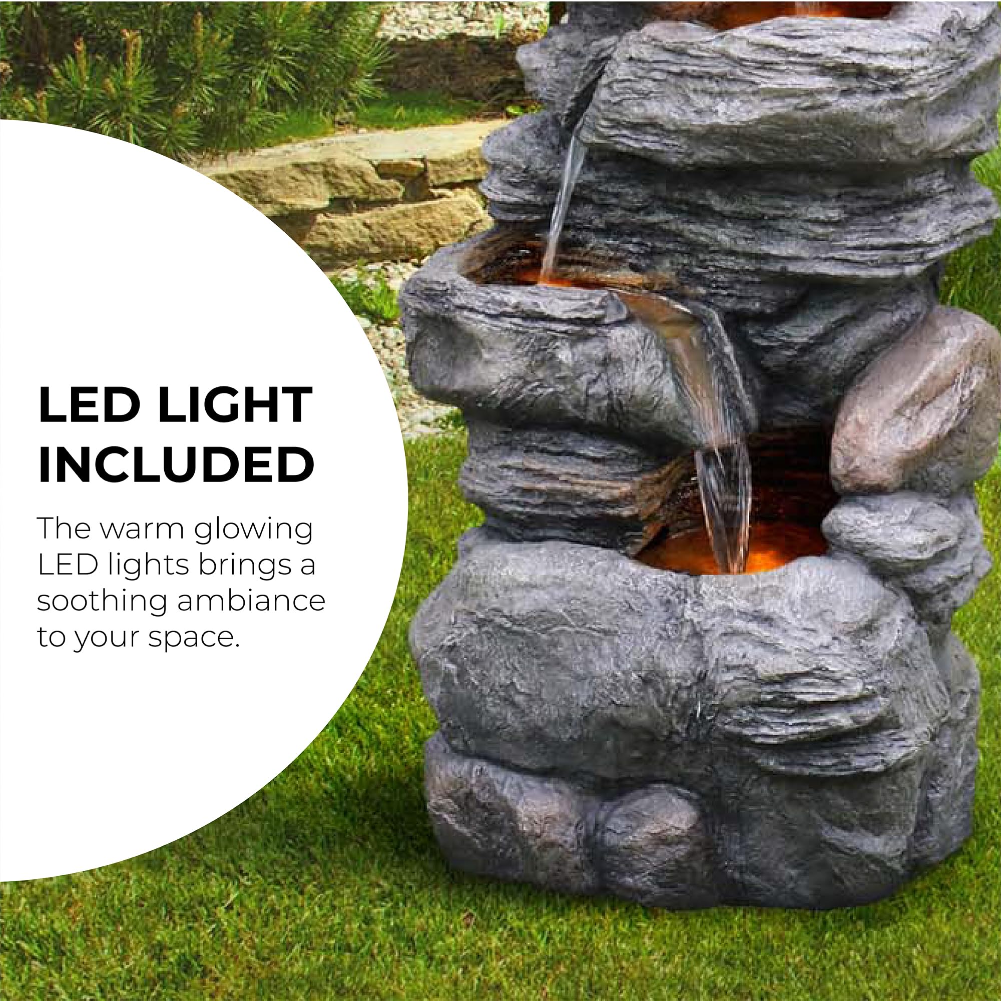 Teamson Home 39.37 Inch Outdoor Gray Faux Stacked Stone 4-Tier Water Fountain with LED Lights and Pump - Perfect for Garden, Patio, and Backyard Decor
