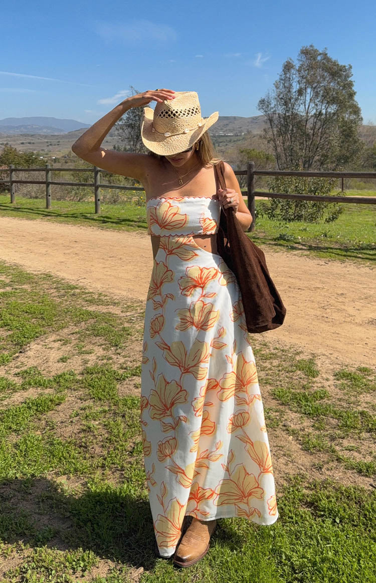 Coen Orange Floral Strapless Maxi Dress - Women's Summer Beach Wedding Party Gown - Perfect for Vacations, Date Nights & Special Occasions