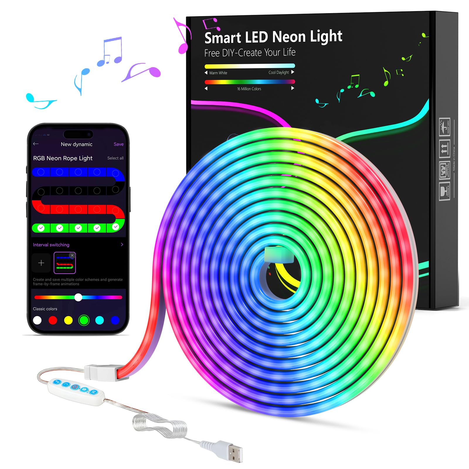 Smart LED Neon Rope Lights Strip - 6.56ft/2m Flexible Bendable Diffused Flow DIY Neon Light with App Control for Bedroom, Gaming Room, Bar, Party & Home Decoration
