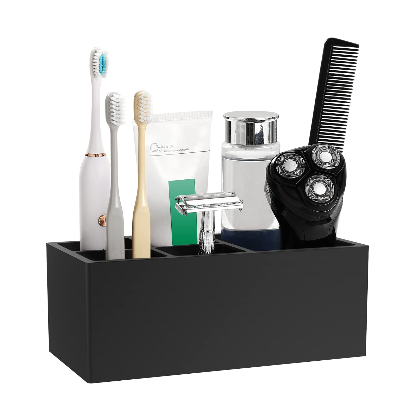 Luxspire 5-Slot Toothbrush Holder with Razor Storage & Toothpaste Stand - Resin Bathroom Organizer for Vanity Counter, Sink, and Dental Accessories - Black | Perfect for Small Bathrooms, Apartment Decor, and Travel Essentials Organization