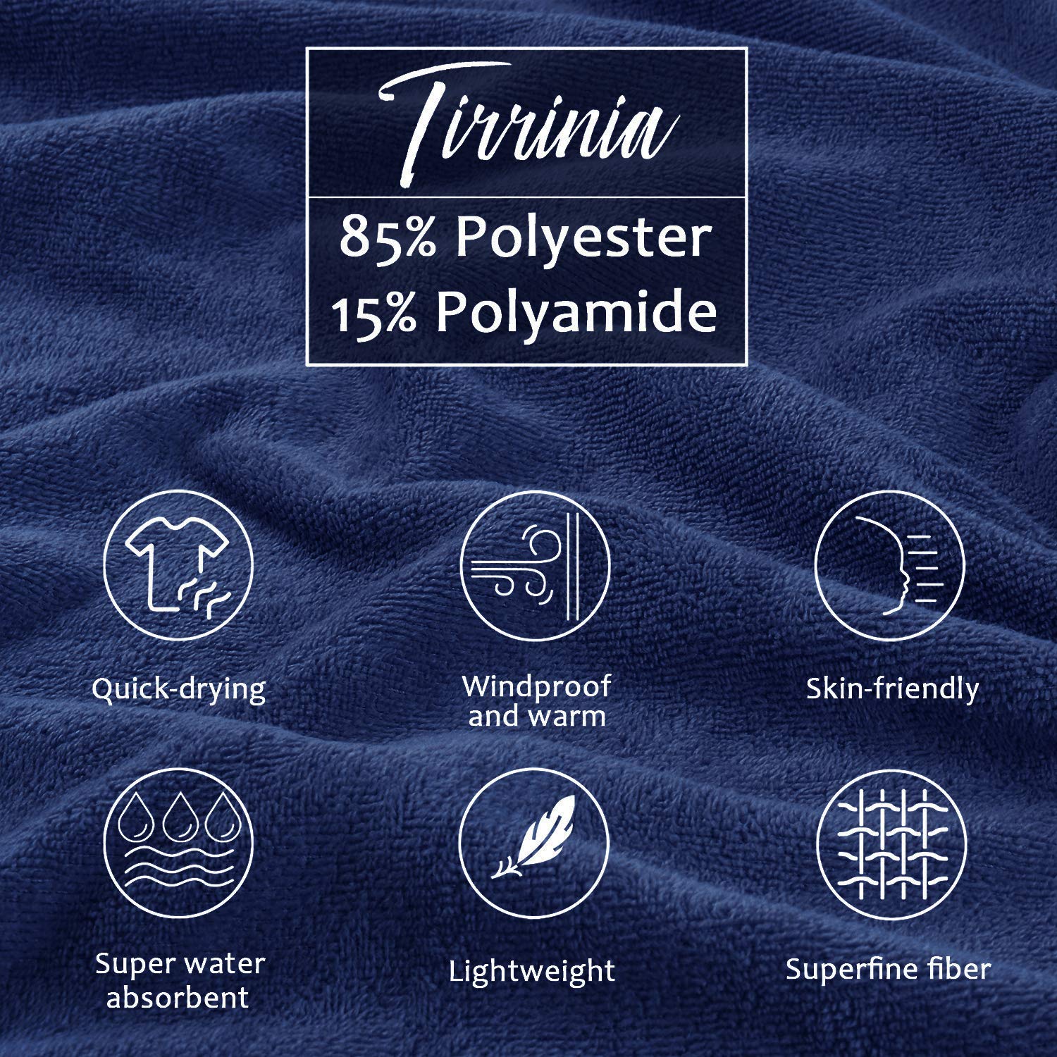 Tirrinia Surf Beach Changing Towel with Hood - Super Absorbent Microfiber Swim Robe Poncho for Men & Women - Quick Dry Bath Shower Pool Cover-Up - Perfect for Swimming, Surfing, Beach Yoga & Travel (Navy)