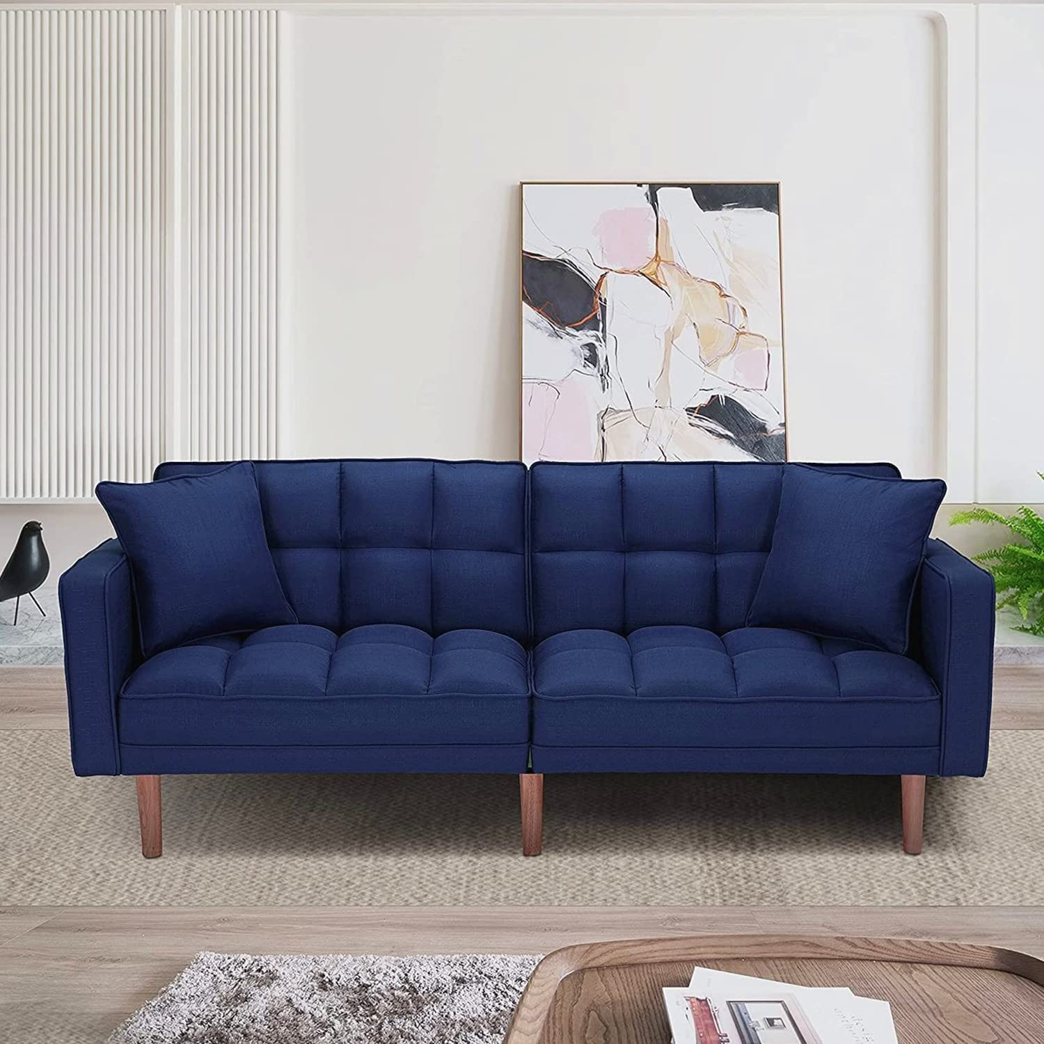 Convertible Futon Sofa Bed with 2 Pillows & Wood Legs - Space-Saving Sleeper Loveseat for Small Apartments, Living Rooms & Guest Rooms | Perfect for Studio Apartments, Dorms & Home Offices
