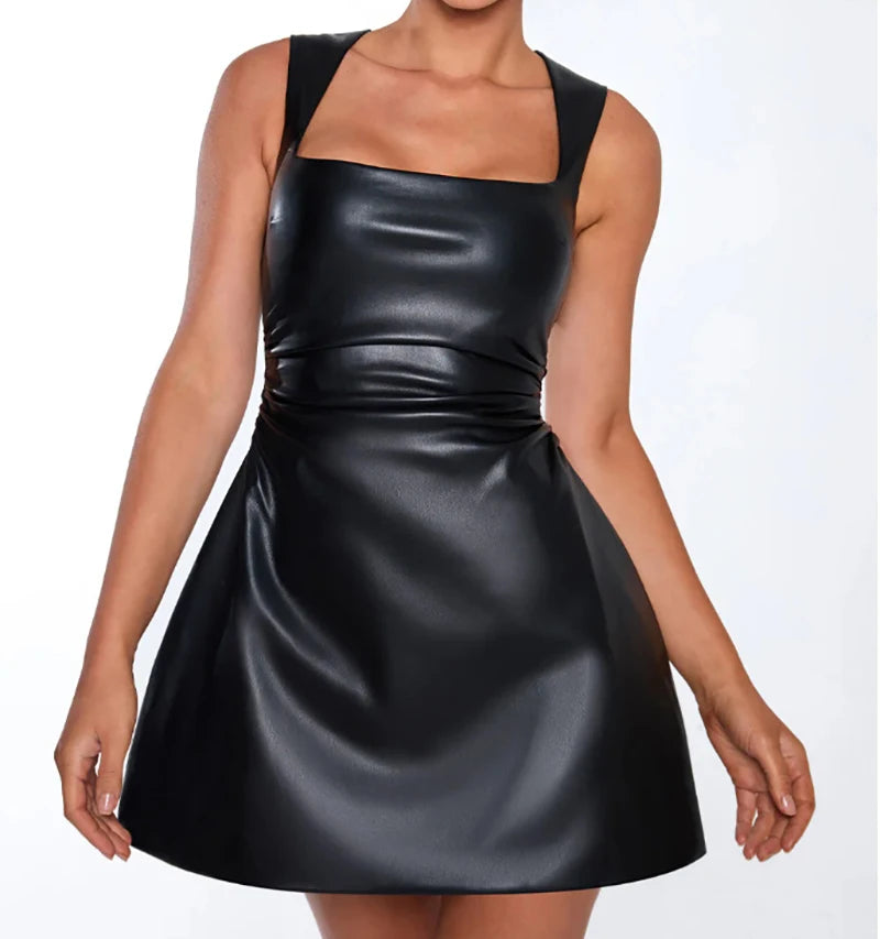 Sexy Black PU Leather Mini Dress for Women - Square Collar Sleeveless Backless High Waist A-Line Club Dress | Perfect for Night Out, Party, and Special Occasions