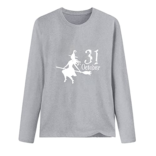 Women's Halloween Printed Long Sleeve T-Shirt - Casual Round Neck Graphic Tee for Fall (Grey, Medium) | Perfect for Costume Parties, Pumpkin Picking & Spooky Season Outfits