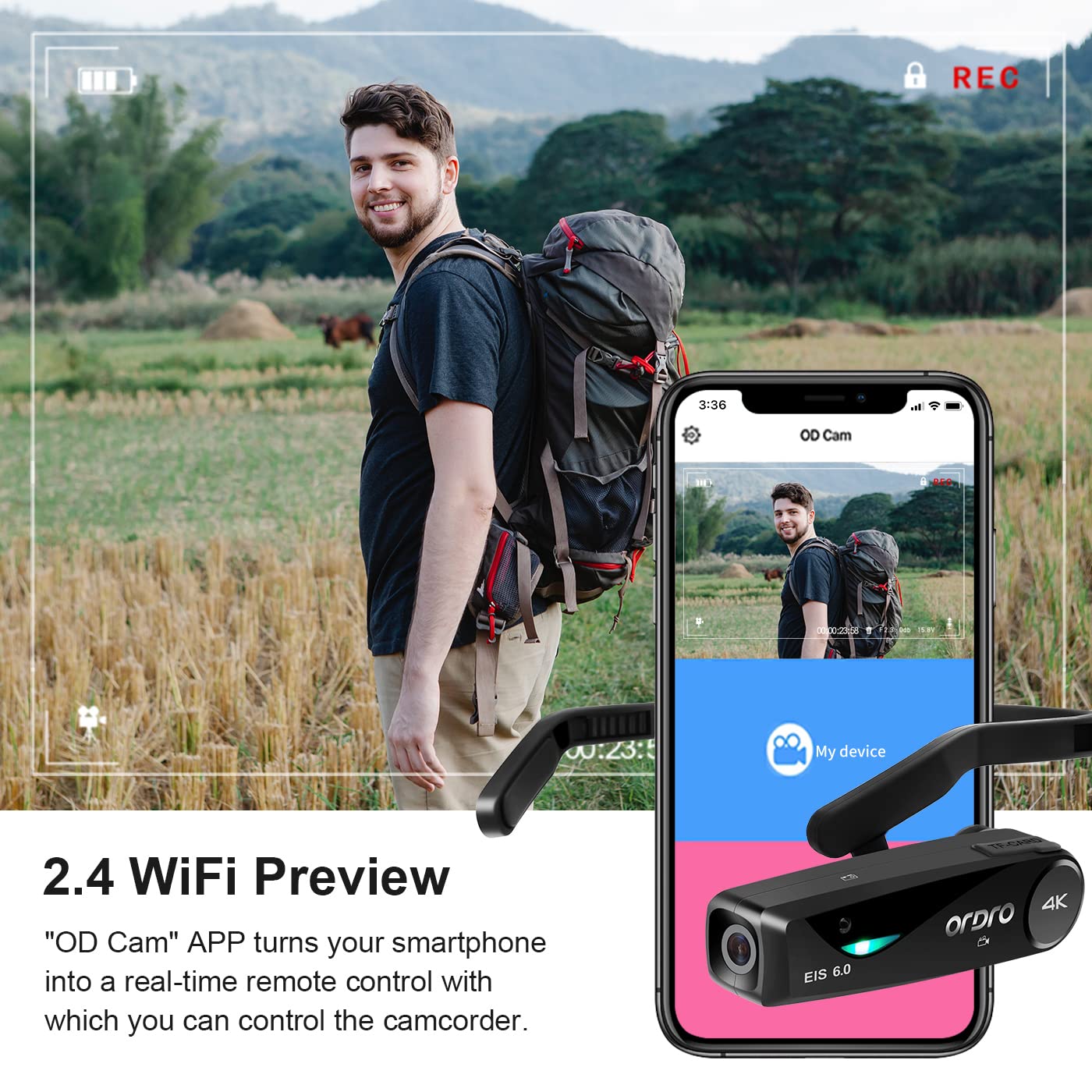 ORDRO EP6 Plus 4K Head Mounted Camera - Wearable Hands-Free Vlogging Camcorder with WiFi APP Control, UHD 1080P 60FPS, EIS 6.0 Anti-Shake & Smart Remote - Perfect for Action Sports, Travel Vlogging, and Outdoor Adventures