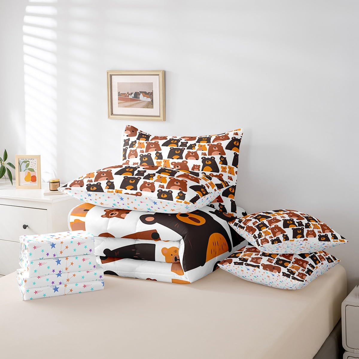 Feelyou Toddler Bear Bed in a Bag - 7-Piece Wild Animals Comforter Set with Sheets for Boys & Girls | Cute Cartoon Kawaii Nursery Decor | Perfect for Kids' Bedrooms, Daycare, or Gift