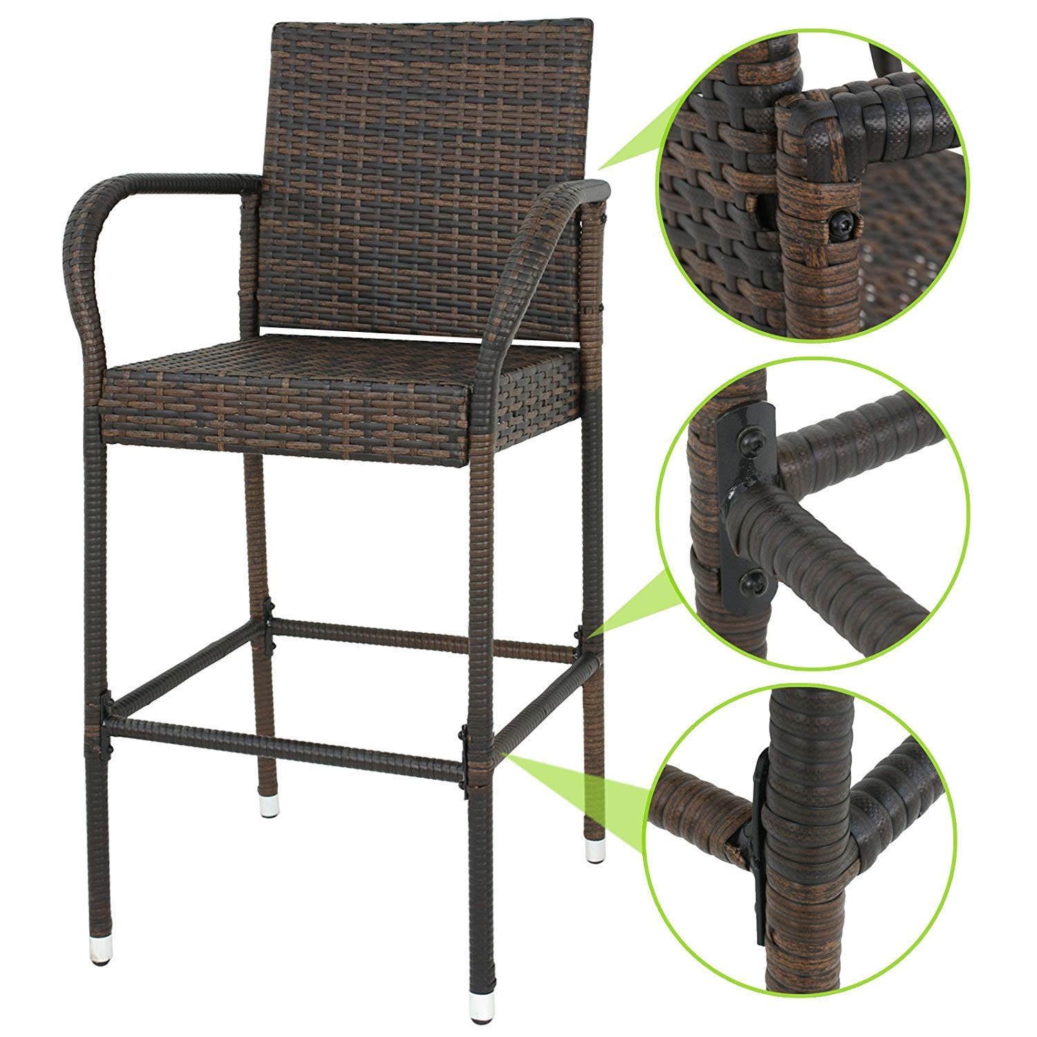 HomGarden Set of 4 Rattan Wicker Bar Stools - Outdoor Backyard Barstool Chairs with Armrests - Patio Furniture for Garden, Poolside & Deck Use