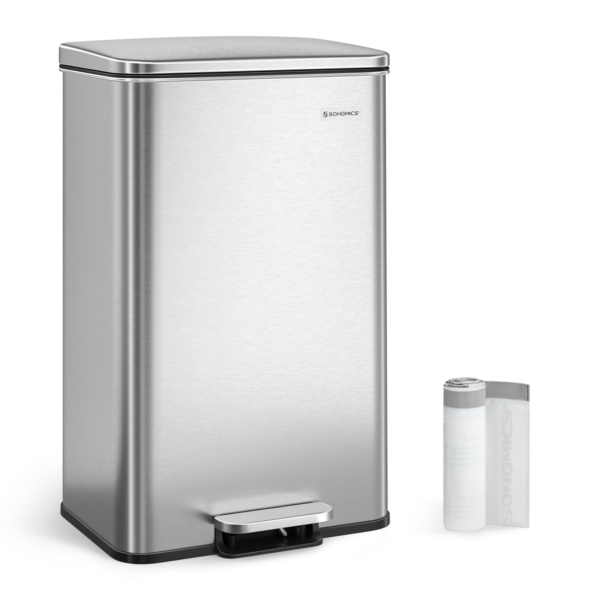 SONGMICS 10.5 Gallon Stainless Steel Step Trash Can with Soft Close Lid - 40L Large Kitchen Garbage Bin Includes 15 Trash Bags (Silver, ULTB540E40) - Perfect for Home, Office, Restaurant & Commercial Use