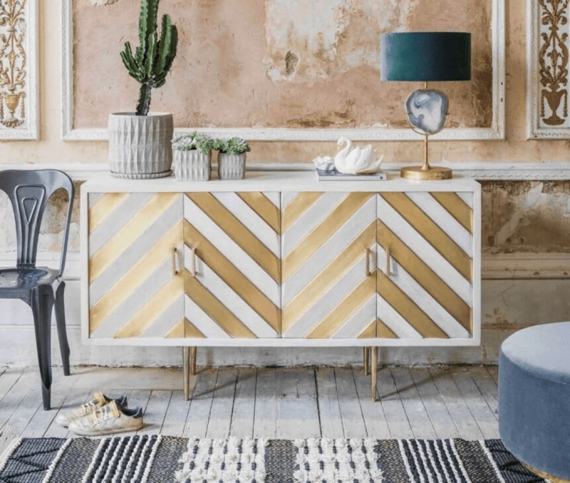 Handmade Brass Embossed Sideboard Buffet Table - Chevron Pattern in Gold & White | Elegant Dining Room Storage & Display Furniture for Home Decor
