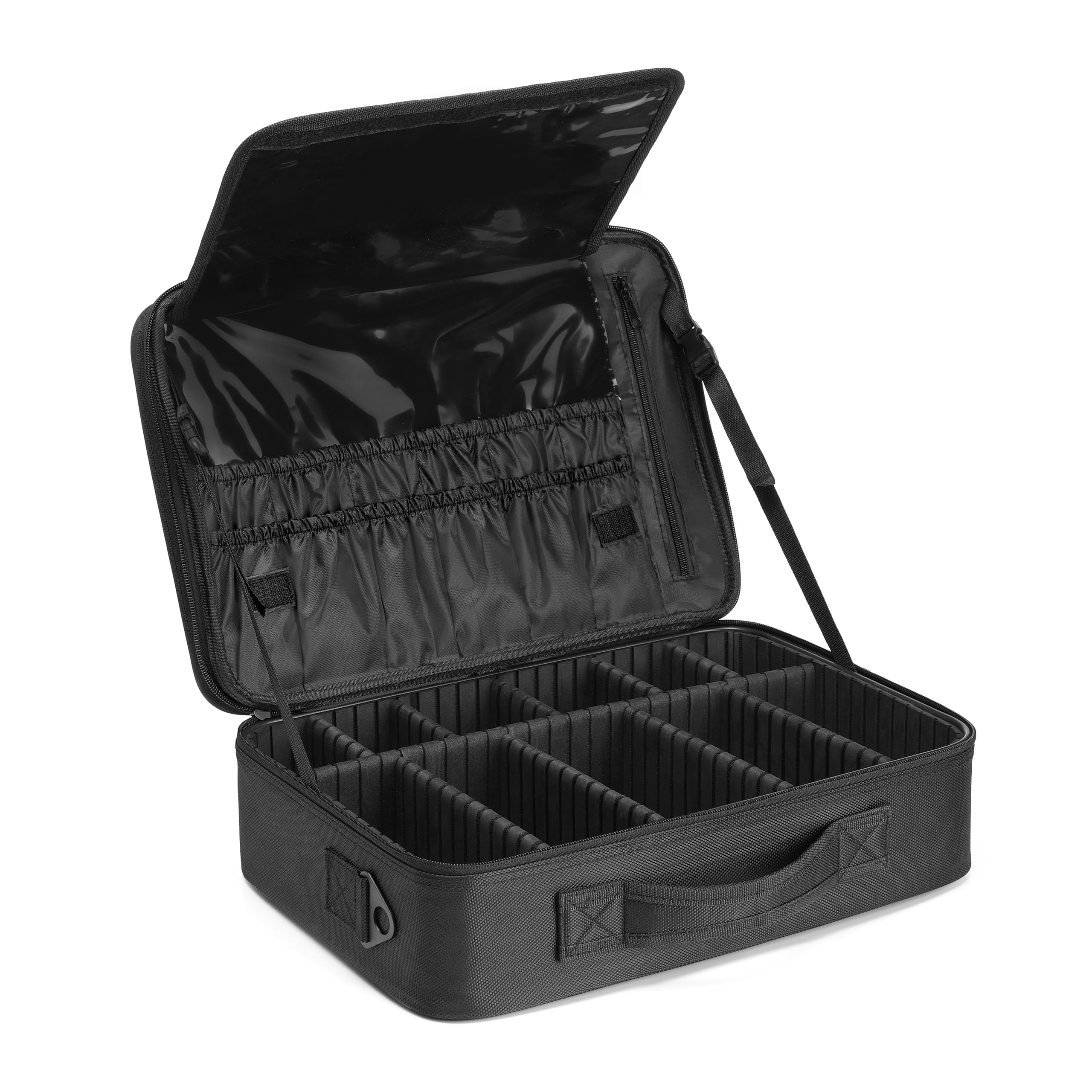 Vlando Large Makeup Bag Organizer for Women - Adjustable Dividers Travel Cosmetic Case for Brushes, Lipstick, Facial Masks - Black | Perfect for Travel, Home Storage & Salon Use