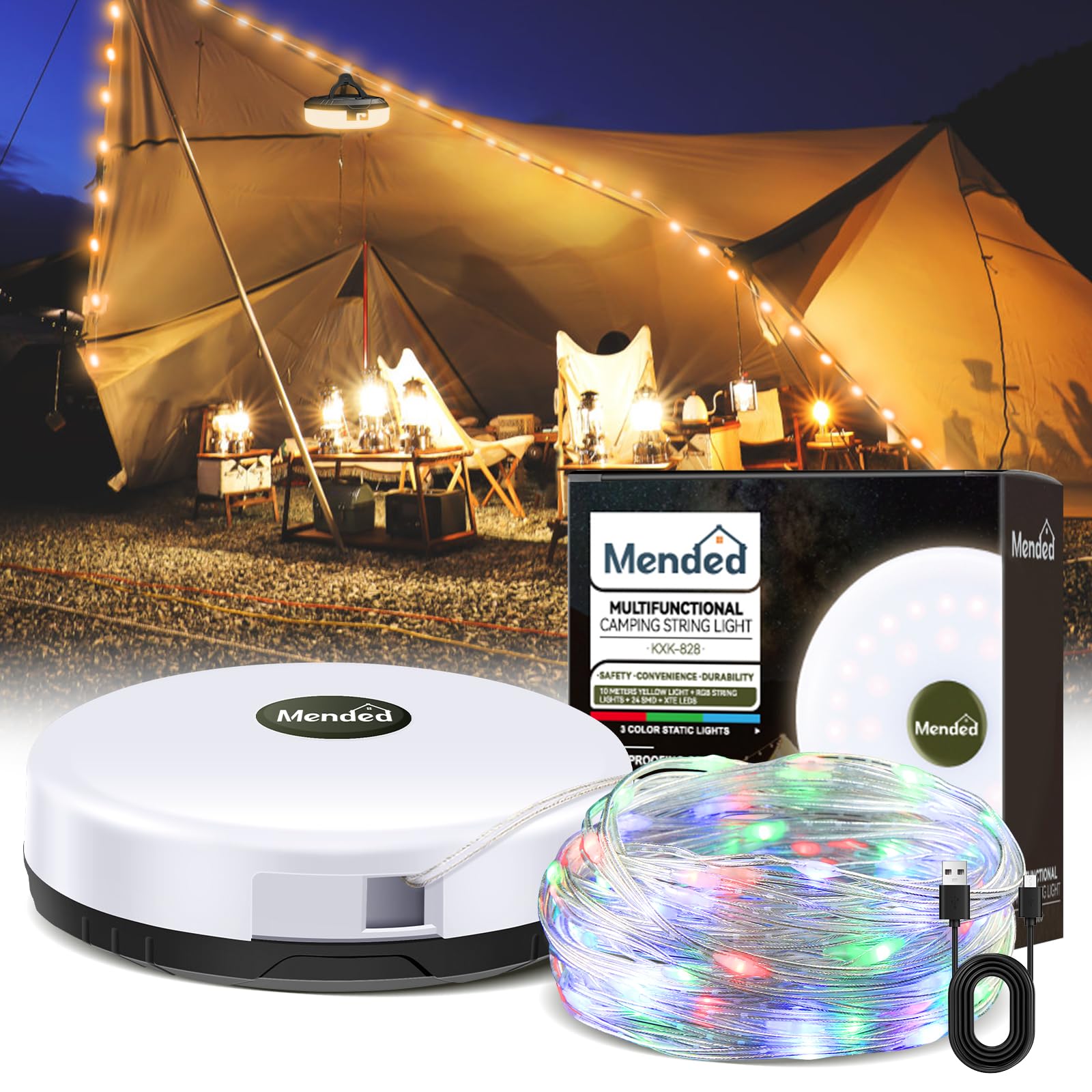 Waterproof Rechargeable Camping String Lights - 32.8Ft Outdoor USB LED Fairy Lights with 8 Lighting Modes | Portable & Stowable for Camping, Patio, Garden, Backyard, and Party Decor