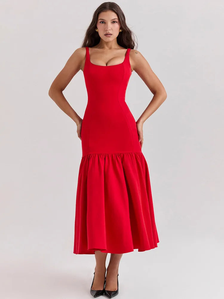 Elegant Backless Maxi Fishtail Dress for Women - Square Collar Sleeveless Loose Pleated Long Gown | Perfect for Evening Parties, Weddings & Special Occasions
