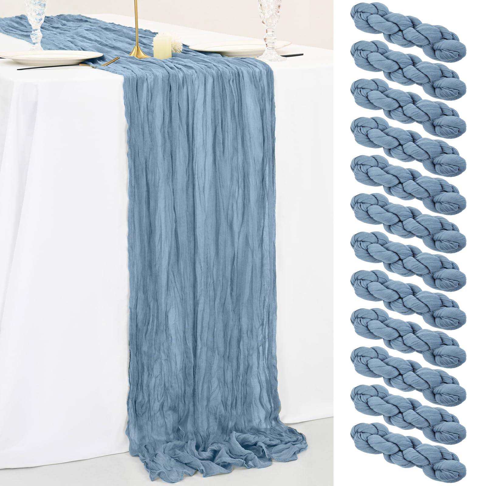 12 Pack 10Ft Dusty Blue Cheesecloth Table Runner - 35 x 120 Inch Boho Gauze Tablecloth, Vintage Rustic Sheer Runners for Wedding, Bridal Shower, Birthday Party, Cake Table Decor - Perfect for Farmhouse, Rustic, and Boho Chic Home Decor
