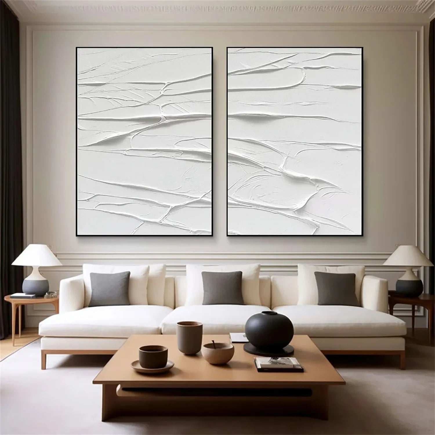 White Minimalist Textured Paintings Canvas Set of 2 - Modern Abstract Wall Art for Living Room & Bedroom Decor #MM273