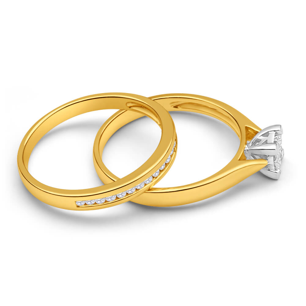 9ct Yellow Gold 2 Ring Bridal Set With 22 Diamonds Totaling 0.25 Carats - Elegant Wedding Band & Engagement Ring Set for Women - Perfect for Proposals, Anniversaries & Special Occasions
