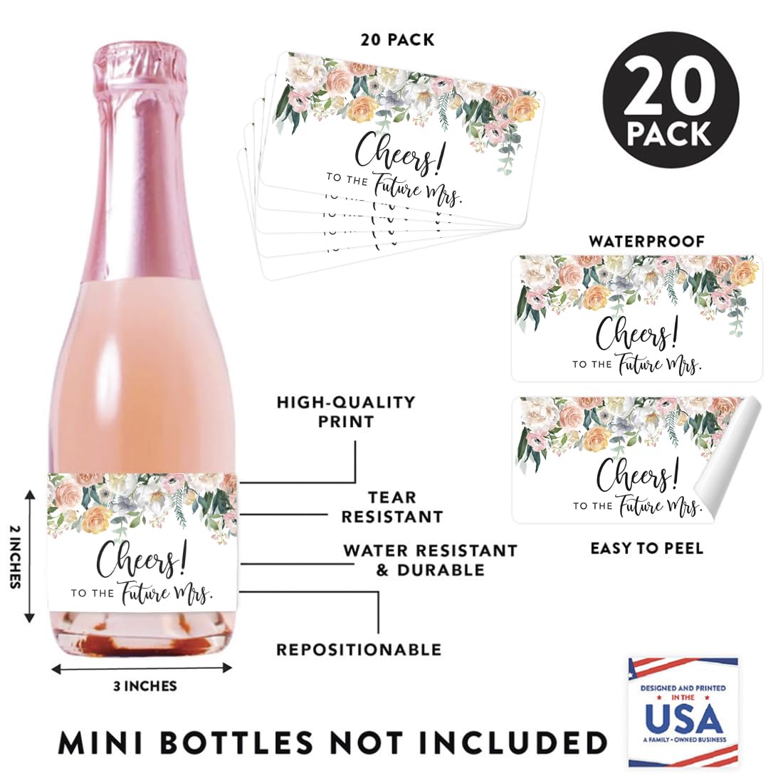 Mini Champagne Wine Bottle Labels - Cheers to The Future Mrs - Peach Coral Floral Roses Design - 20-Pack Bridal Shower & Bachelorette Party Stickers - Perfect for Wedding Celebrations, Girls' Night Out & Special Occasions