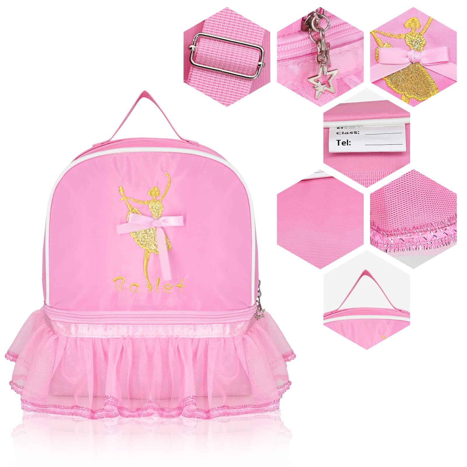 **KingBig Cute Dance Backpack Ballet Bag Kit for Girls - Personalized Waterproof Dance Bag with Key Chain & Plush Hanging Pink Ball - Perfect for Ballet Class, Dance Practice & School**