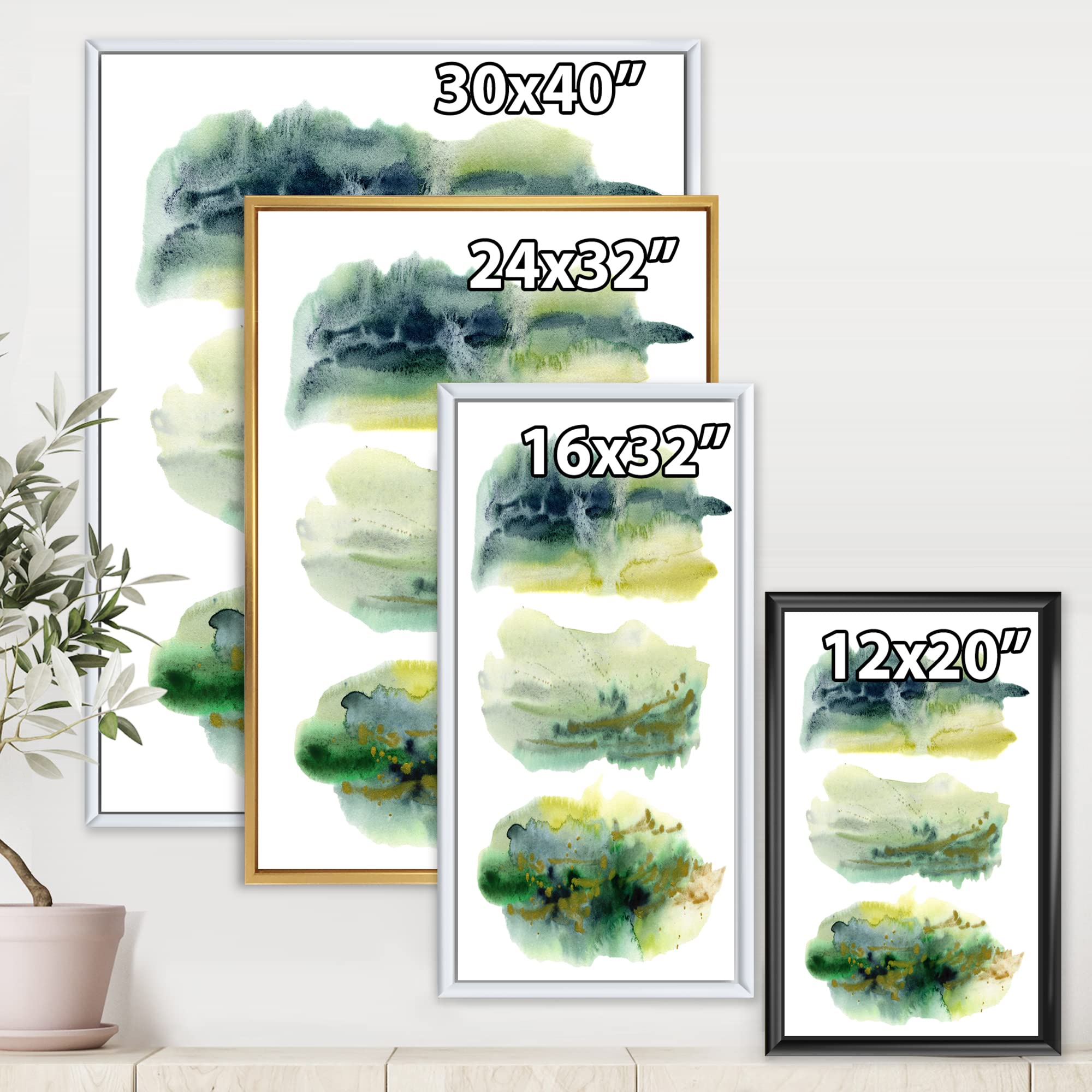 DesignQ Golden Green Abstract Clouds with Blue Points - Modern Framed Canvas Wall Art Print for Living Room, Bedroom & Office Decor