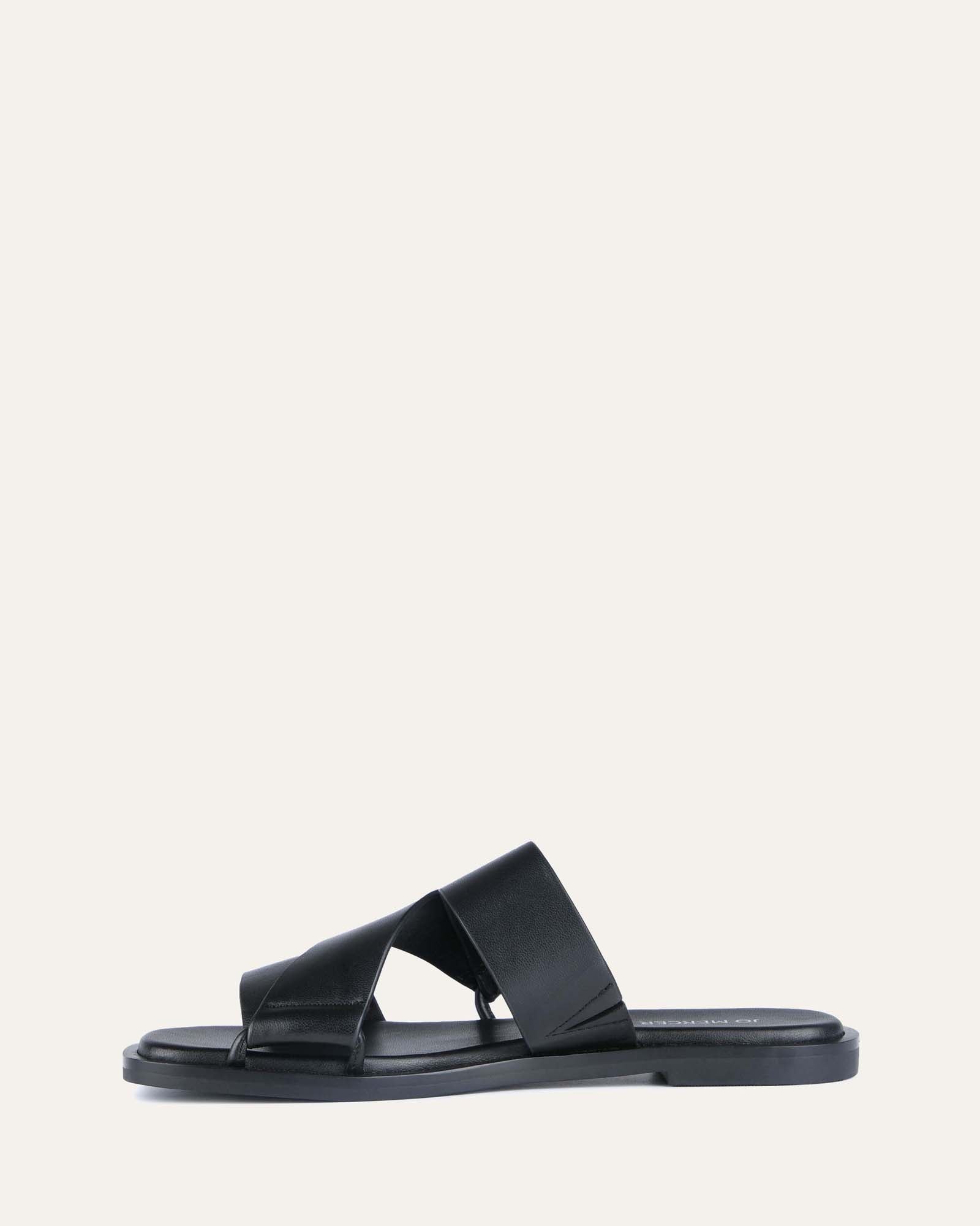 Shelby Black Leather Flat Slides - Comfortable Women's Sandals for Casual Wear, Beach, and Summer Outfits