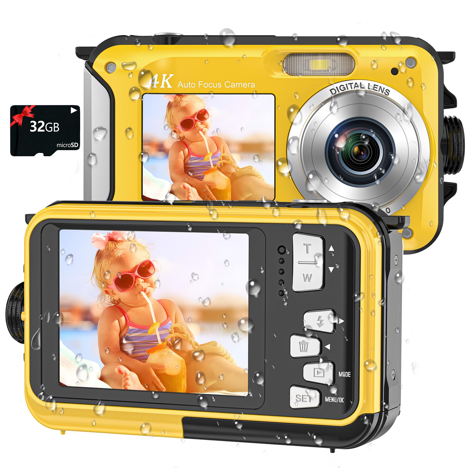 4K Waterproof Digital Camera 56MP Autofocus Dual-Screen Selfie Underwater Camera with 32GB Card - 11FT Depth, Compact Floatable Point & Shoot for Snorkeling, Scuba Diving & Beach Vacations - Includes 1250mAh Rechargeable Battery