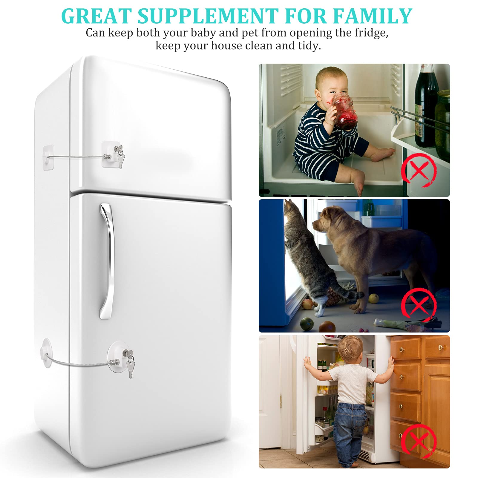 4-Piece Fridge Lock Set with 8 Keys - Child Safety Locks for Refrigerator, Freezer, Cabinets, Sliding Closets, Drawers & Toilet Seats - Durable White Childproofing Solution for Kitchen & Home Safety