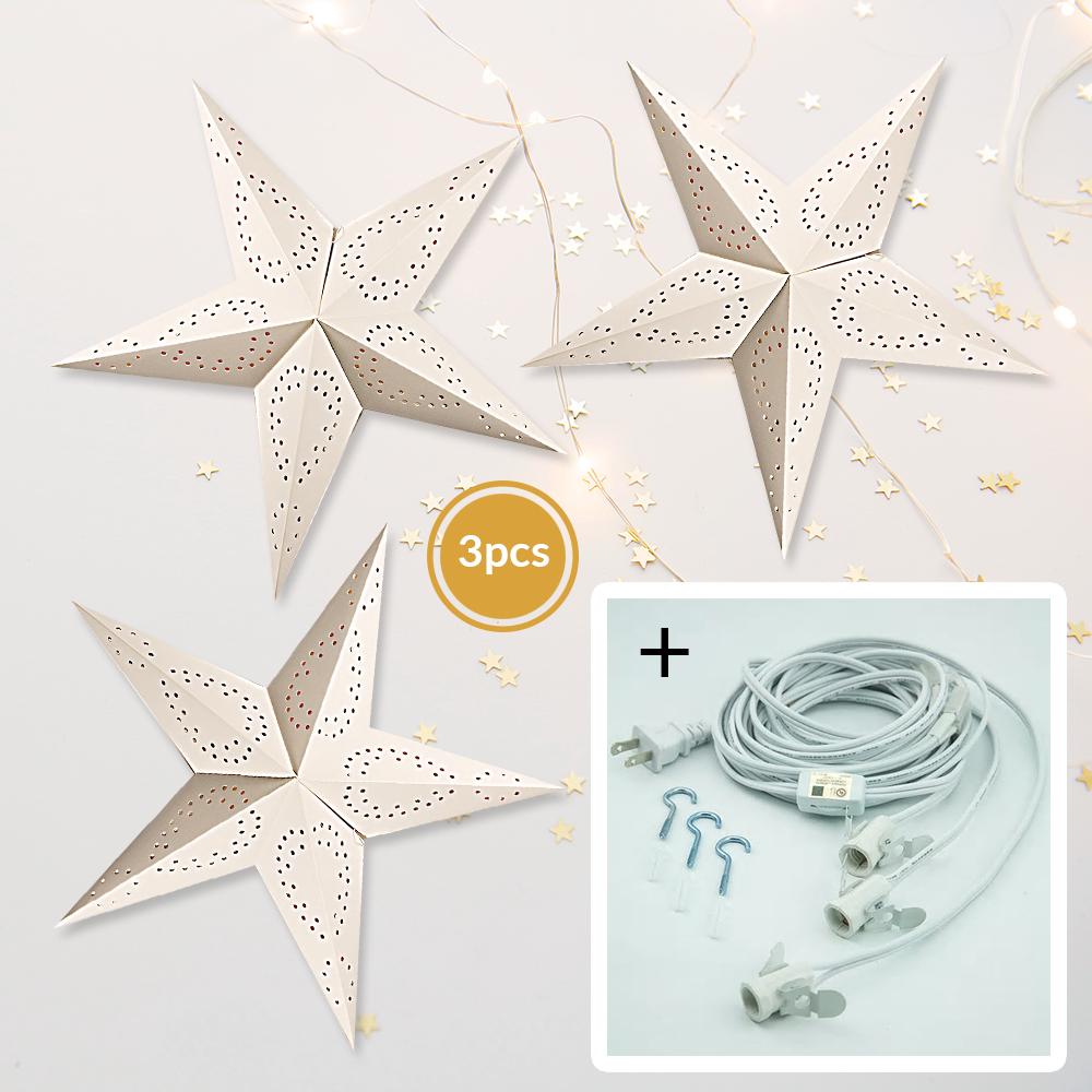 3 Pack Peace 26 Inch LED Illuminated Paper Star Lanterns - Battery Operated Hanging Decor with Warm White Light for Bedroom, Patio, Wedding & Party Decorations