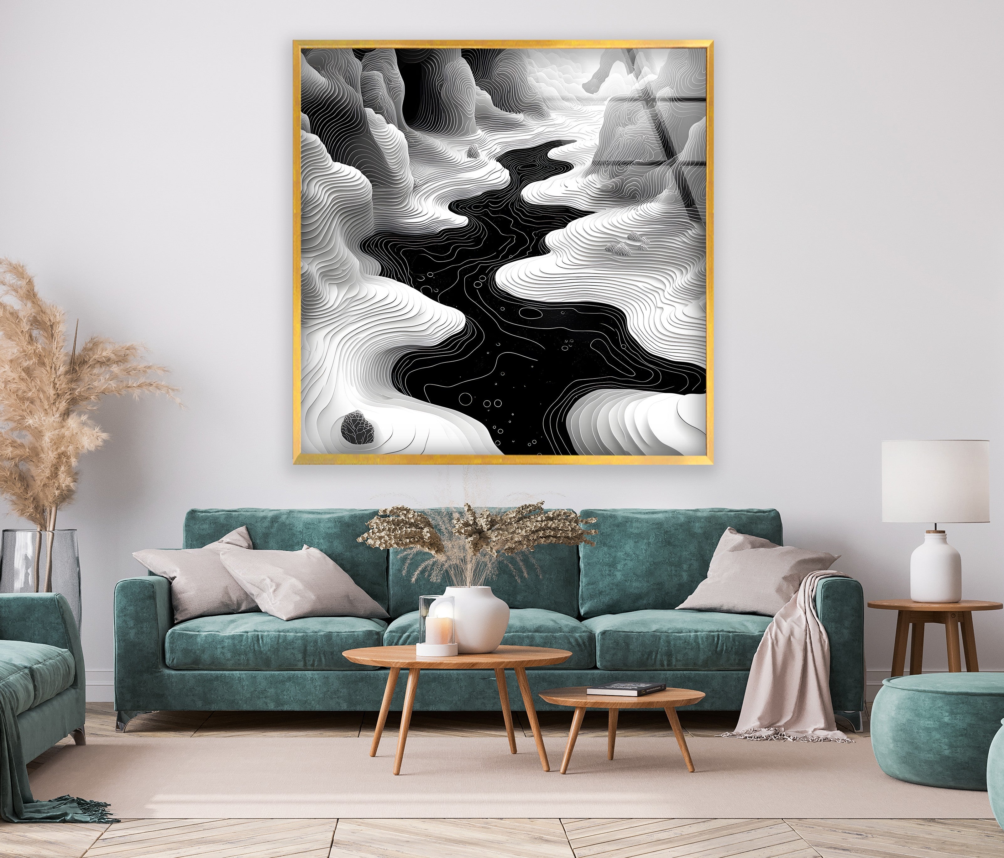 Abstract Black & White Landscape Wall Art - Modern Geometric Canvas Print for Living Room & Office Decor