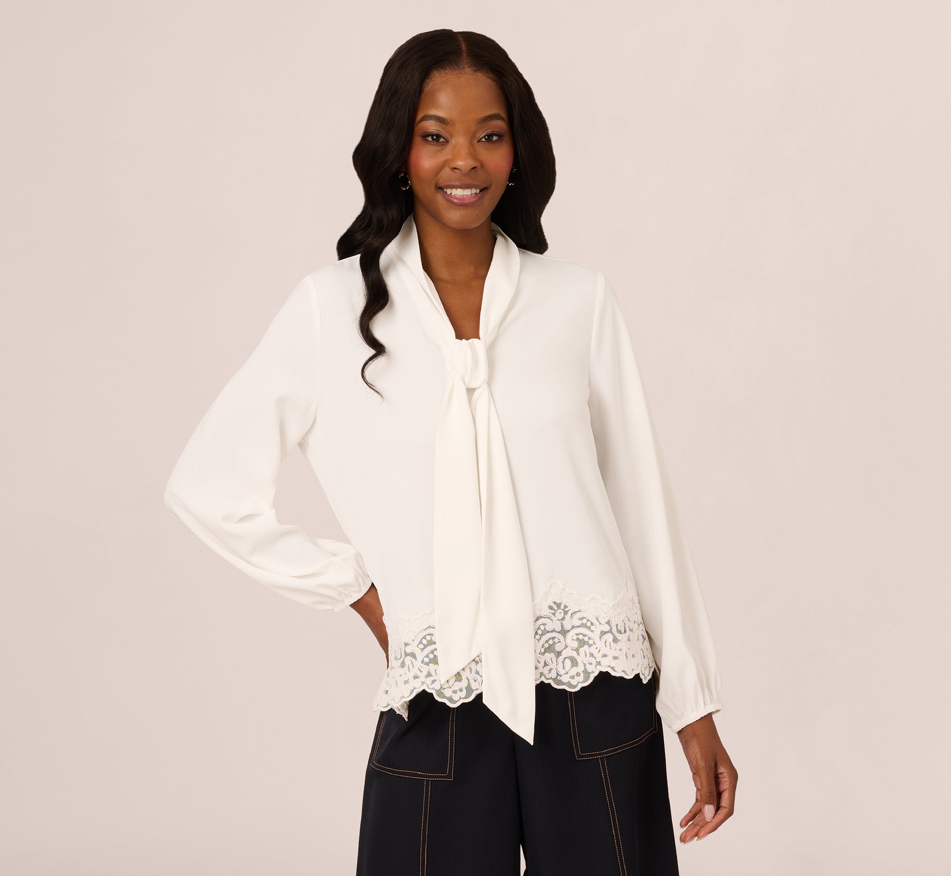 Elegant Ivory Lace Hem Tie Neck Blouse for Women | Chic Office & Party Tops | Perfect for Work, Date Night & Special Occasions
