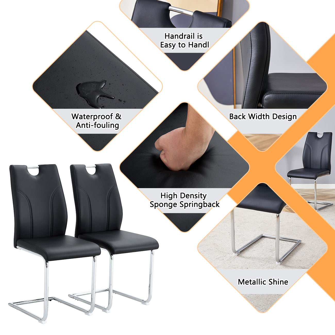 Modern Black PU Dining Chairs Set of 6 - Waterproof Leather Upholstered Chairs with Silver Metal Legs for Kitchen, Restaurant, Office & Conference Room - Elegant & Durable Seating Solution for Home & Commercial Use