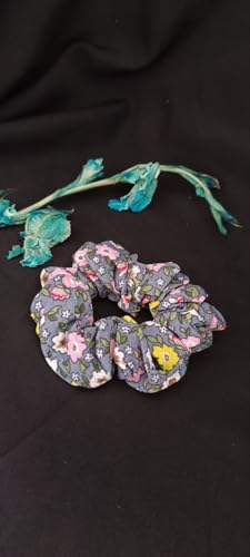 Black Sparrow Floral Chiffon Hair Scrunchies - Soft Ponytail Ties for Women & Girls (Grey Leaf Print) - Perfect for Parties, Weddings, Work & Everyday Use - Pack of 1 Hair Accessory