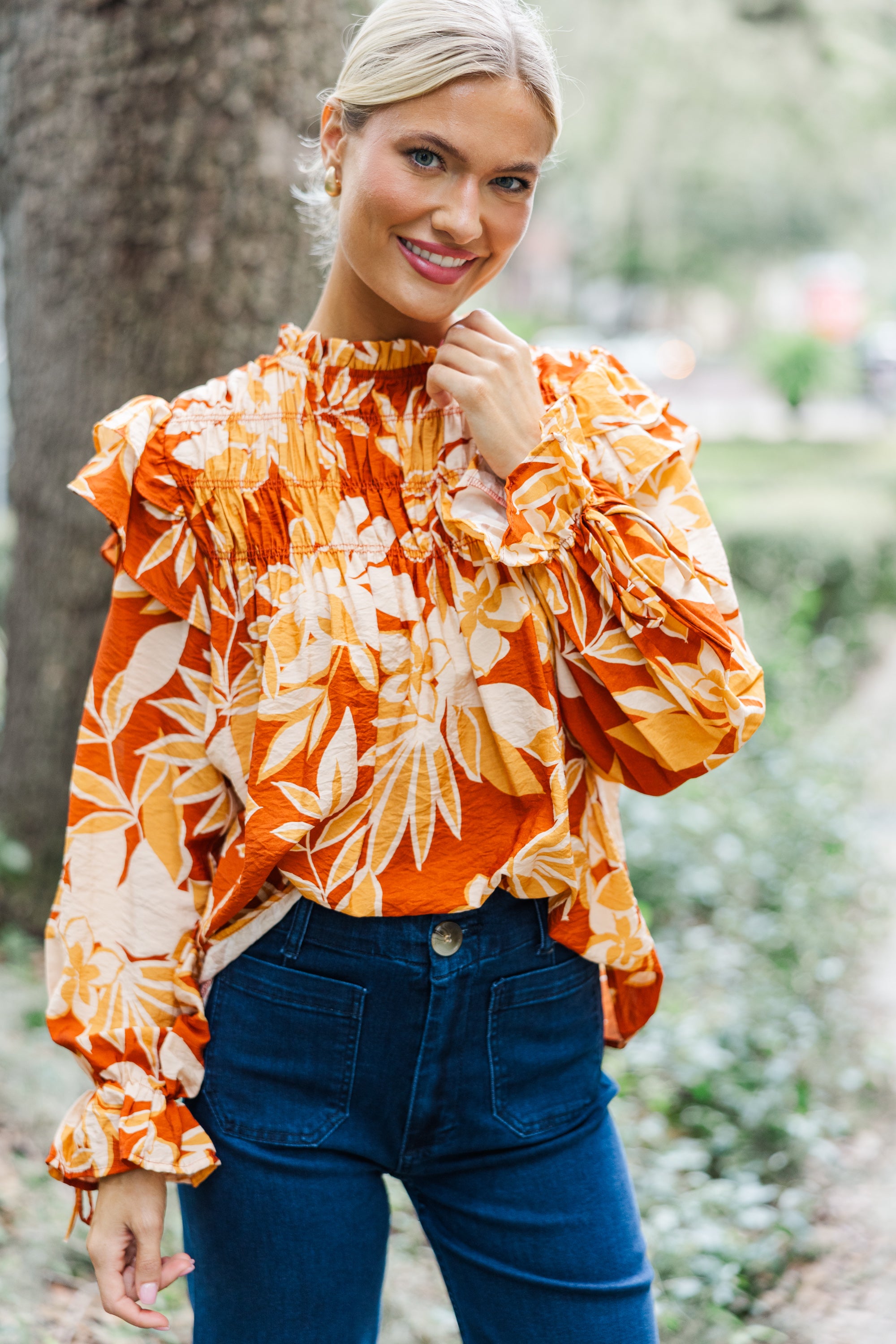 Mustard Yellow Floral Blouse Women's Fashion Top for Spring Summer - Perfect for Office, Date Night & Casual Outfits