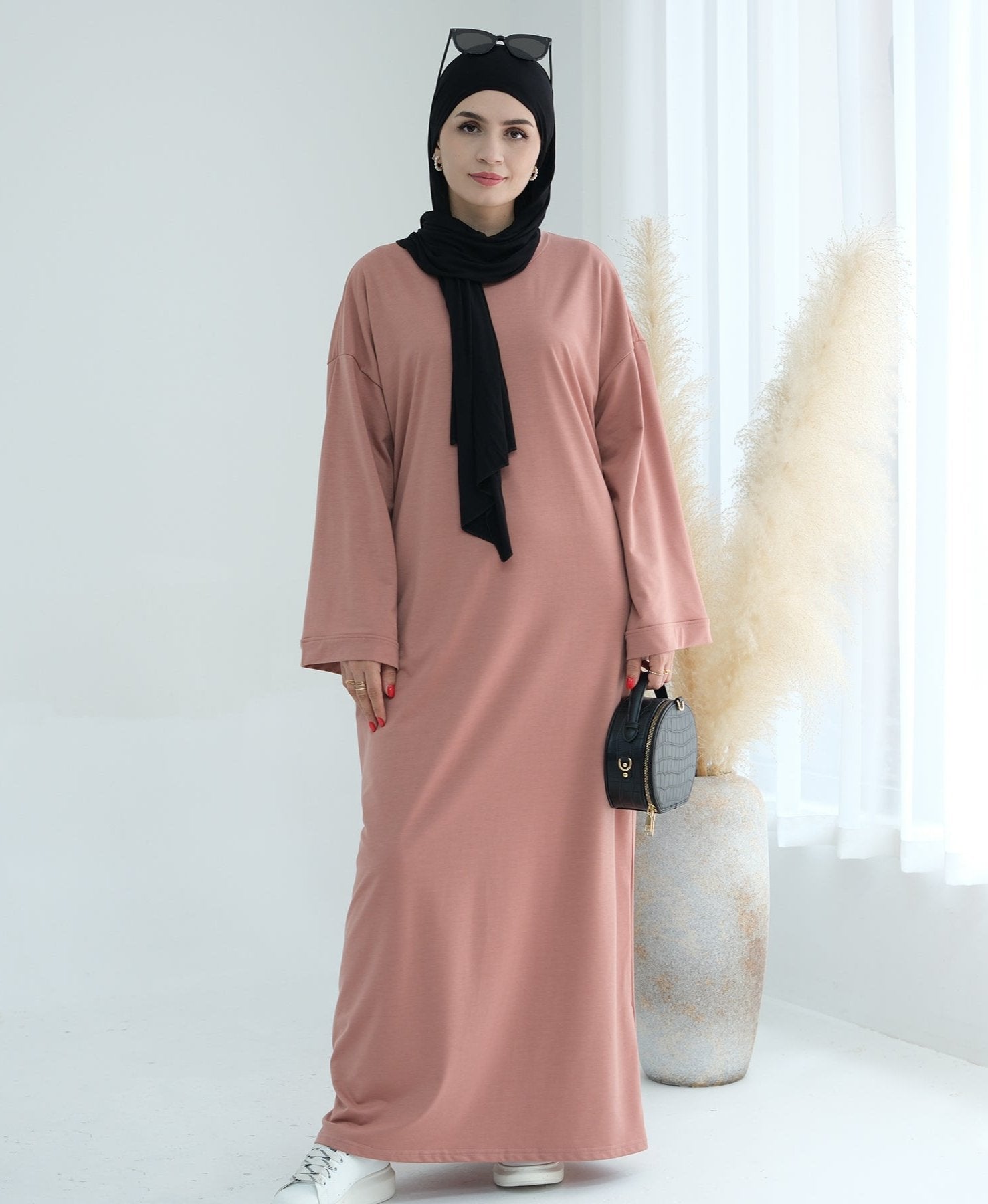 Ava Knit Maxi Dress for Women - Flowy Long Sleeve Elegant Midi Dress in Salmon Pink | Perfect for Weddings, Parties & Casual Outings