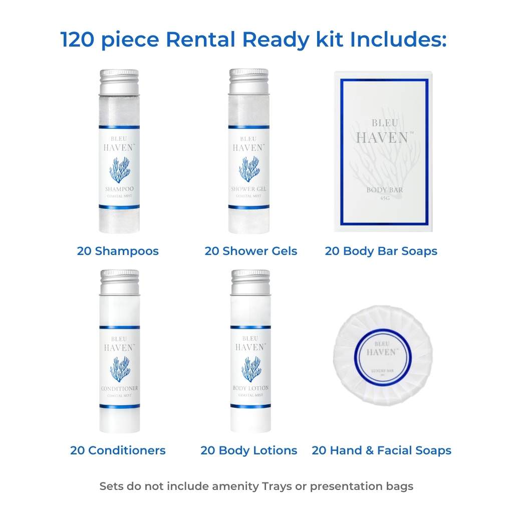 Bleu Haven 120-Piece Rental Ready Kit - 40ml Travel Size Toiletries with Free Shipping | Perfect for Hotels, Airbnbs, and Vacation Rentals