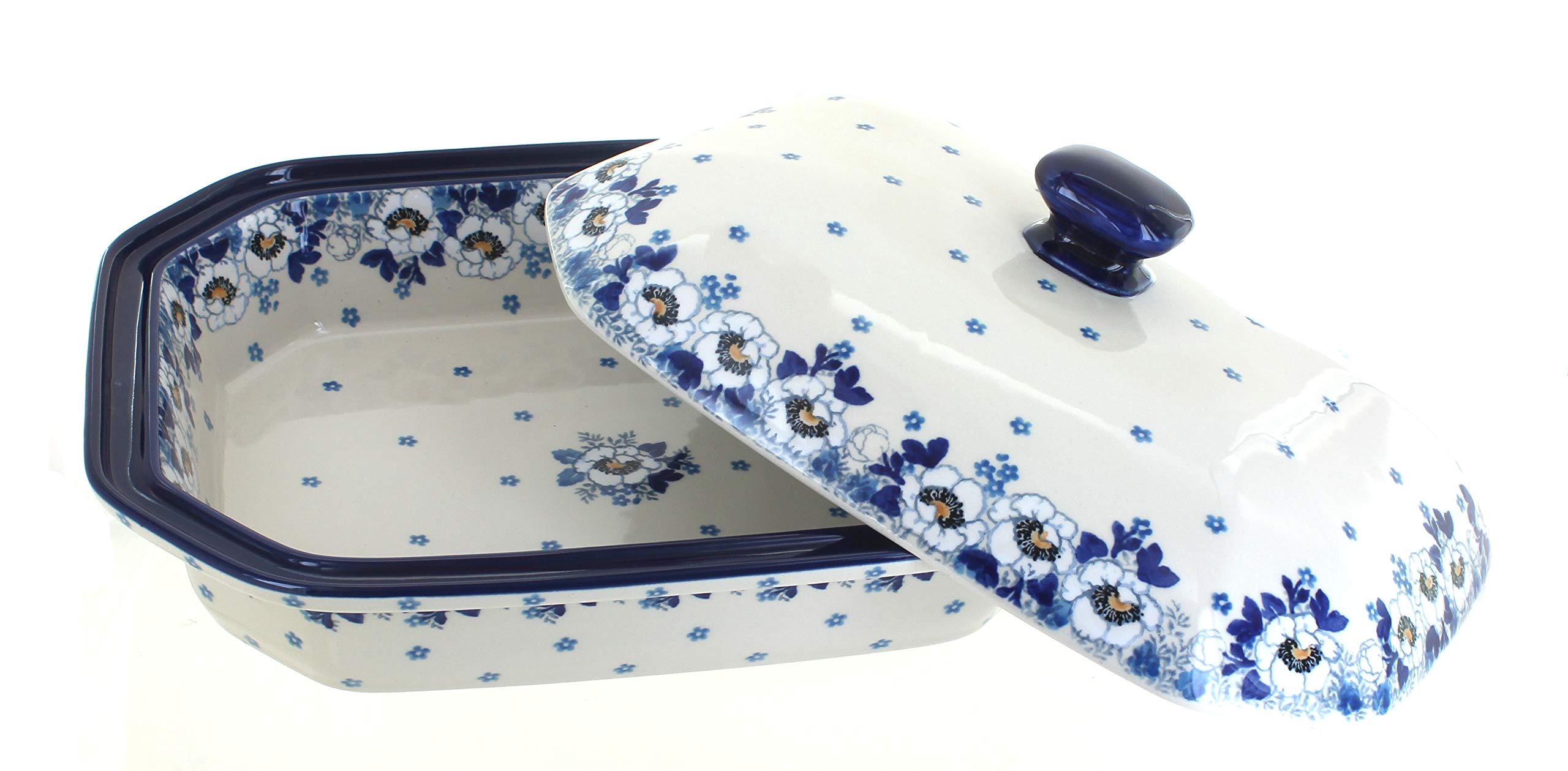 Blue Rose Polish Pottery Georgia Blue Large Covered Baker - Handmade Ceramic Casserole Dish for Baking, Serving & Decor - Perfect for Oven, Stovetop & Dinner Parties
