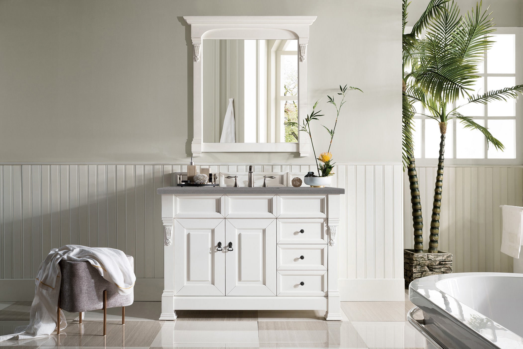 Brookfield 48 Inch Single Bathroom Vanity Set with Bright White Finish & 3CM Grey Expo Quartz Countertop - Perfect for Modern Home Bathroom Renovation