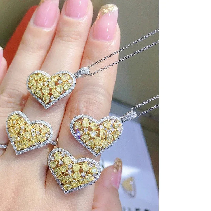18K White Gold Real Yellow Diamond Heart Pendant Necklace for Women - 18 Inch Au750 Jewelry Set, Perfect Gift for Anniversary, Valentine's Day & Special Occasions