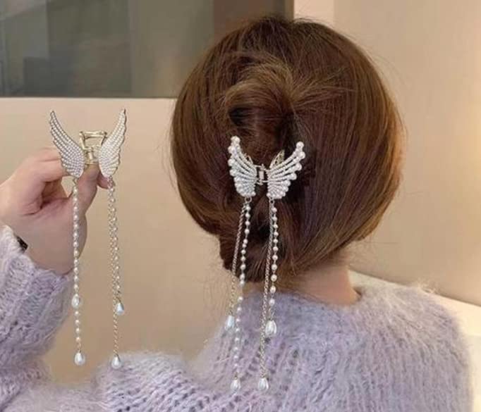Fancify Women's Pearl Hair Clips - Pack of 1 Gold Metal Butterfly Hair Claw Clip for Wedding, Party & Everyday Style | Elegant Stone Hair Accessories for Girls and Women