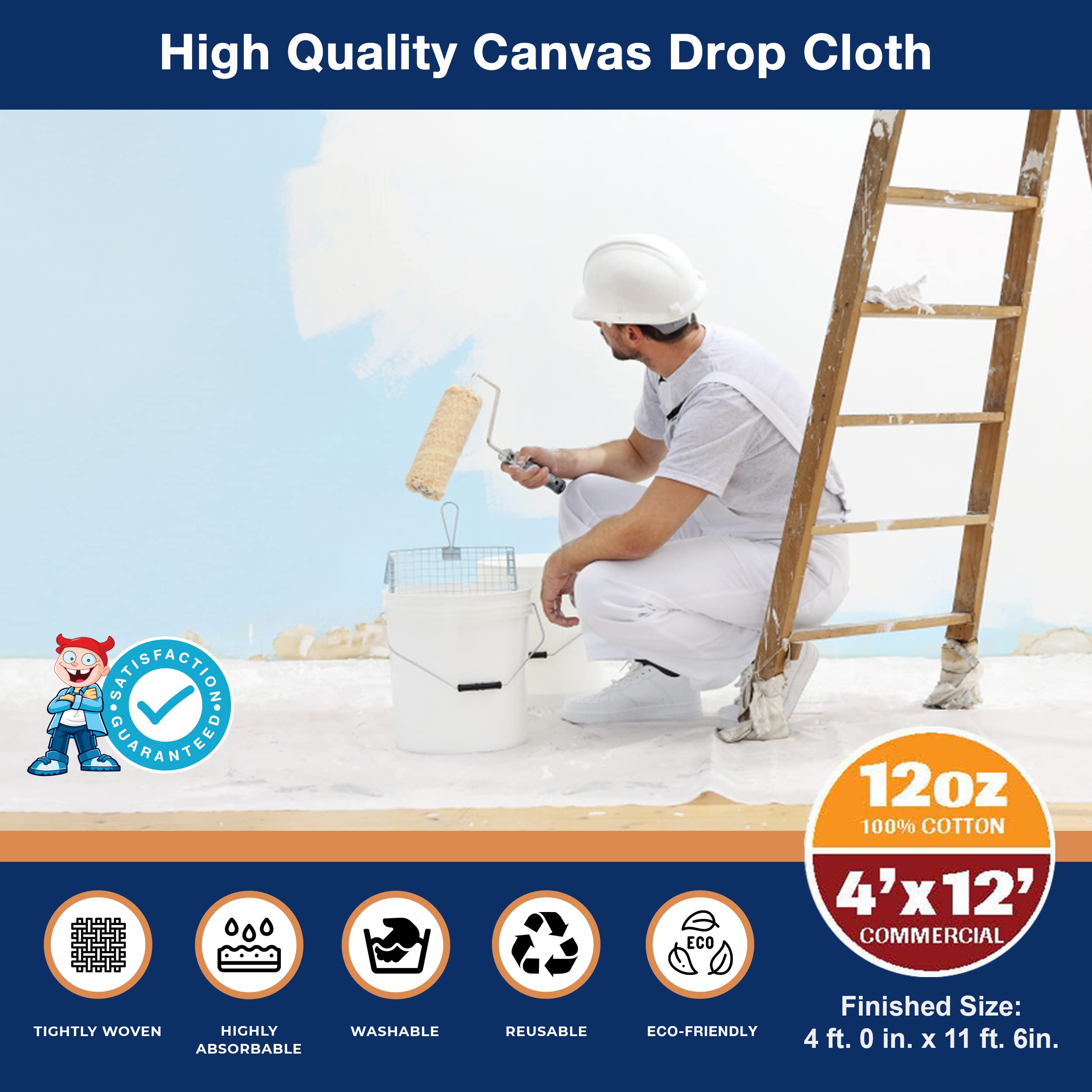 Tuffboy 4X12 ft Heavy Duty Canvas Drop Cloth - 12 Oz Seamless Painters Fabric for Floor & Furniture Protection - All Purpose Painting Supplies for Home & DIY Projects - Perfect for Interior Painting, Renovations, and Art Studios