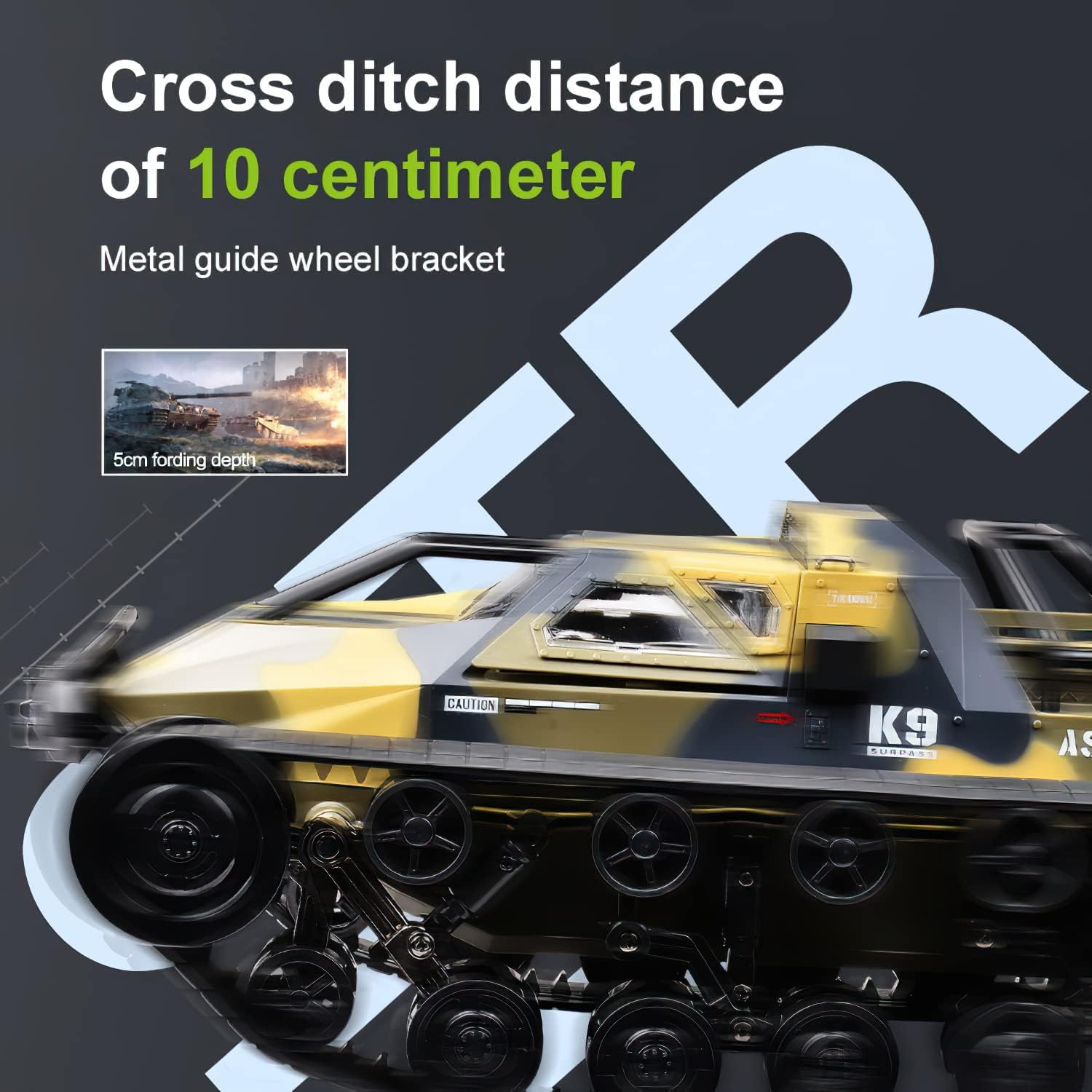 1:12 Scale 2.4Ghz Remote Control Tank - All Terrain 4WD Off-Road RC Crawler with 360° Rotating & Drifting, 2 Rechargeable Batteries - Perfect for Outdoor Adventure, Backyard Play & RC Hobbyists (Yellow)