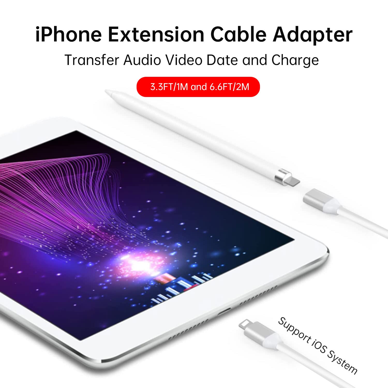 1M/3.3FT Lightning Extension Cable - Female to Male Connector for Video, Audio, Data & Charging | Silver Aluminum & White TPE | Compatible with iPhone, iPad, iPod | Perfect for Home, Office & Car Use