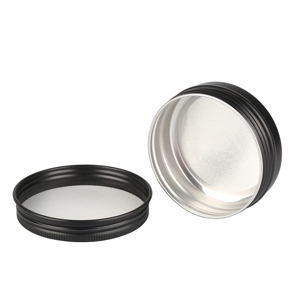 100 Pcs 60ml (60g) Empty Round Black Aluminum Tin Jars with Screw Lids - Cosmetic Containers for Lip Balm, DIY Candle, Salve, Powder Storage - Includes 3 Aluminum Spoons & 100 Labels (5cm Diameter) - Perfect for DIY Crafts, Homemade Beauty Products, and Small Item Organization