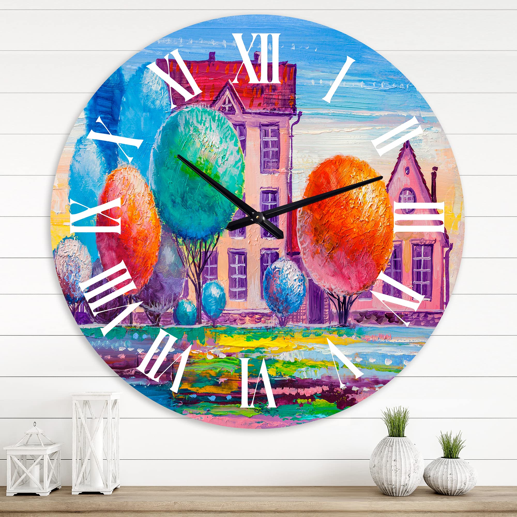 DesignQ Traditional Wall Clock 'Daydream House in The Village' - Large Landscape & Nature Wall Clock for Home, Office, Living Room Decor - Perfect for Farmhouse, Rustic, Vintage Style Interiors