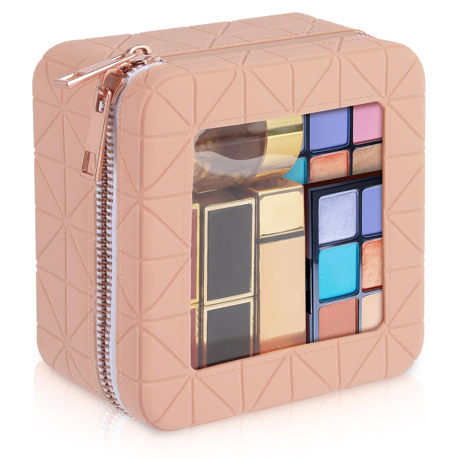 Clear Silicone Makeup Bag for Women - Soft Portable Travel Cosmetic Organizer with Rose Gold Zippers (Beige/Pink) | Perfect for Travel, Gym & Daily Essentials Storage