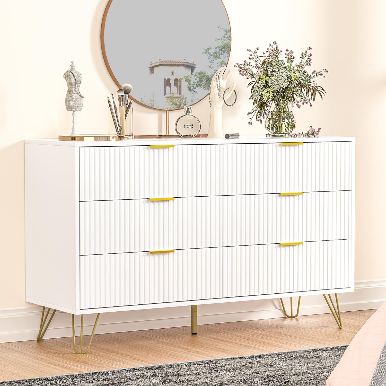 Modern White 6-Drawer Dresser with Gold Handles - Elegant Chest of Drawers for Bedroom & Living Room Storage, Perfect for Organizing Clothes, Linens, and Home Decor