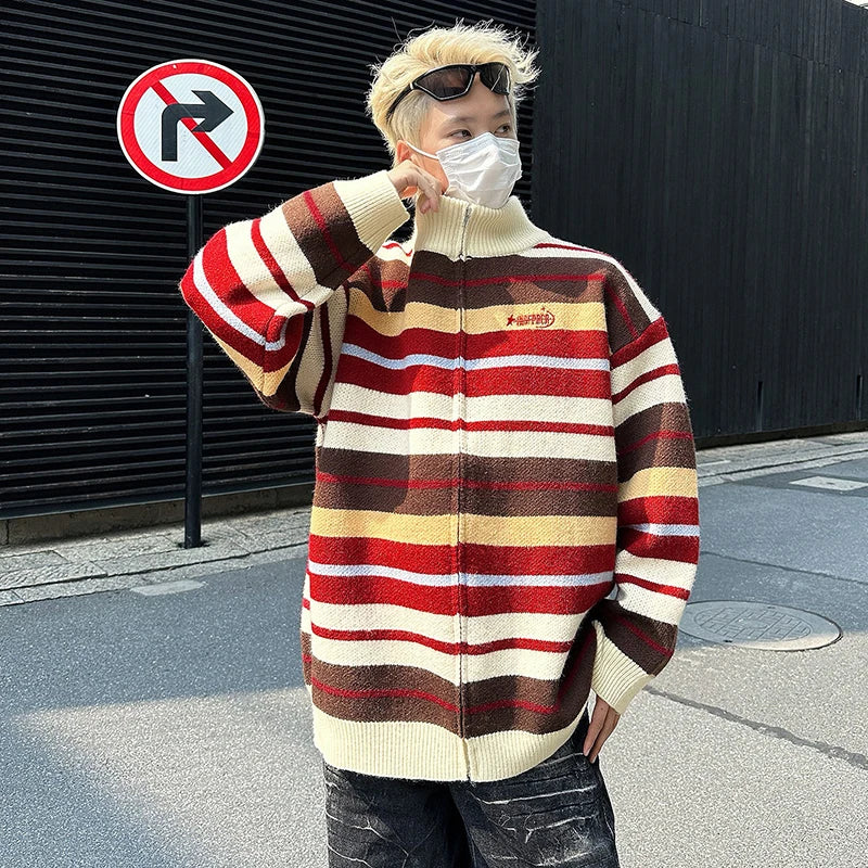 Men's Striped Zipper Knit Cardigan Sweater Jacket - Loose Fit Turtleneck Pullover for Spring 2025 | Casual Wear, Date Night & Couple Outfits | American Fashion 9C9259