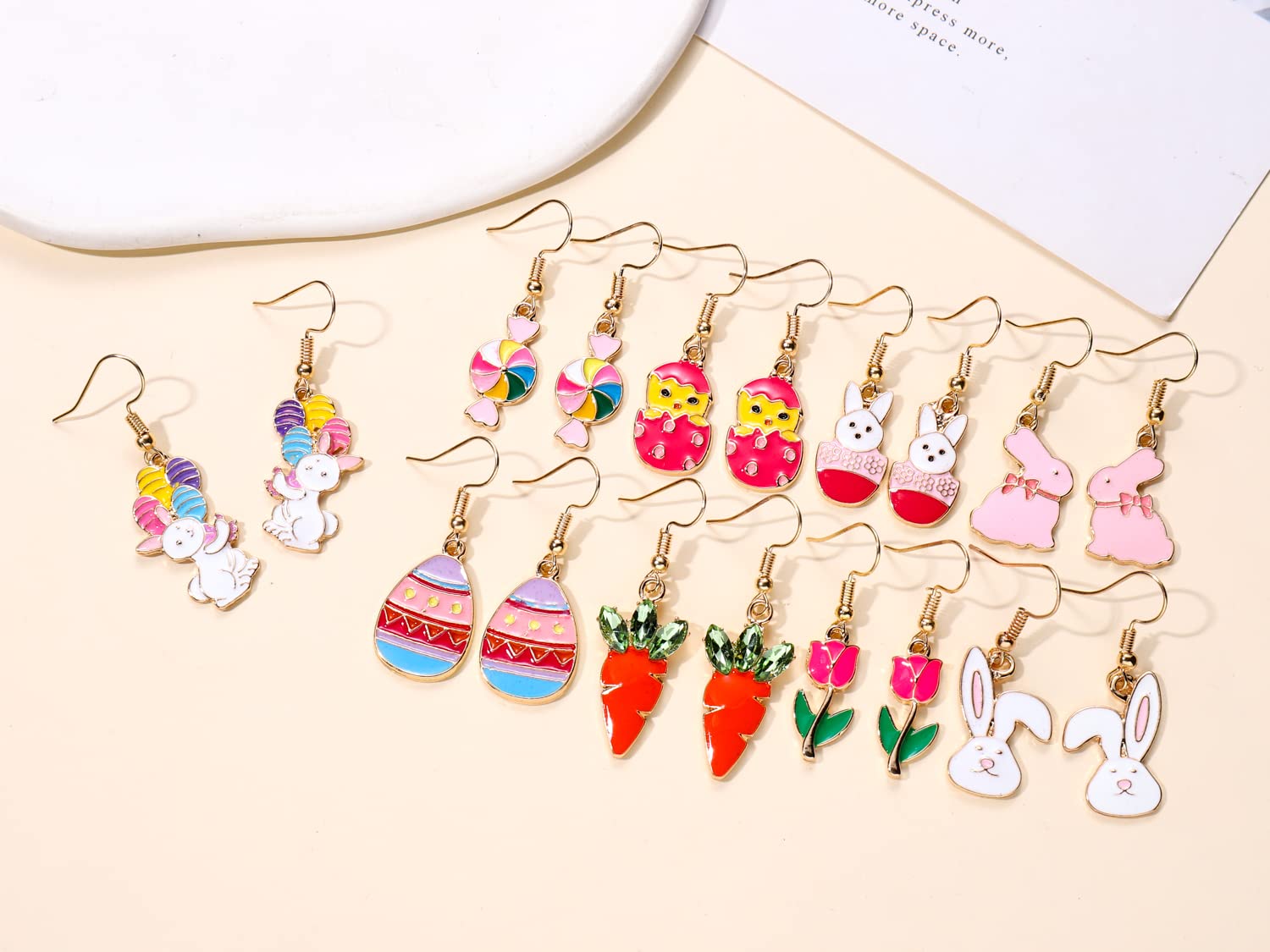 12 Pairs Easter Bunny Drop Earrings for Women - Colorful Enamel Rabbit Dangle Earrings with Egg Designs - Cute Easter Jewelry Gift Set for Party, Easter Egg Hunt & Spring Festival Accessories