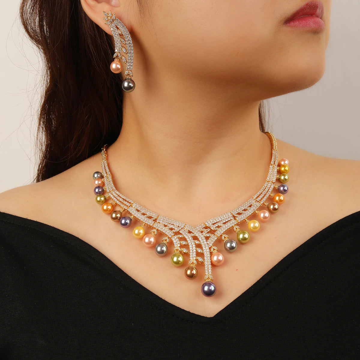 Luxury White Pearl Necklace & Earrings Set with Cubic Zirconia - Elegant Wedding Bridal Jewelry for Women - Perfect for Weddings, Parties, and Special Occasions